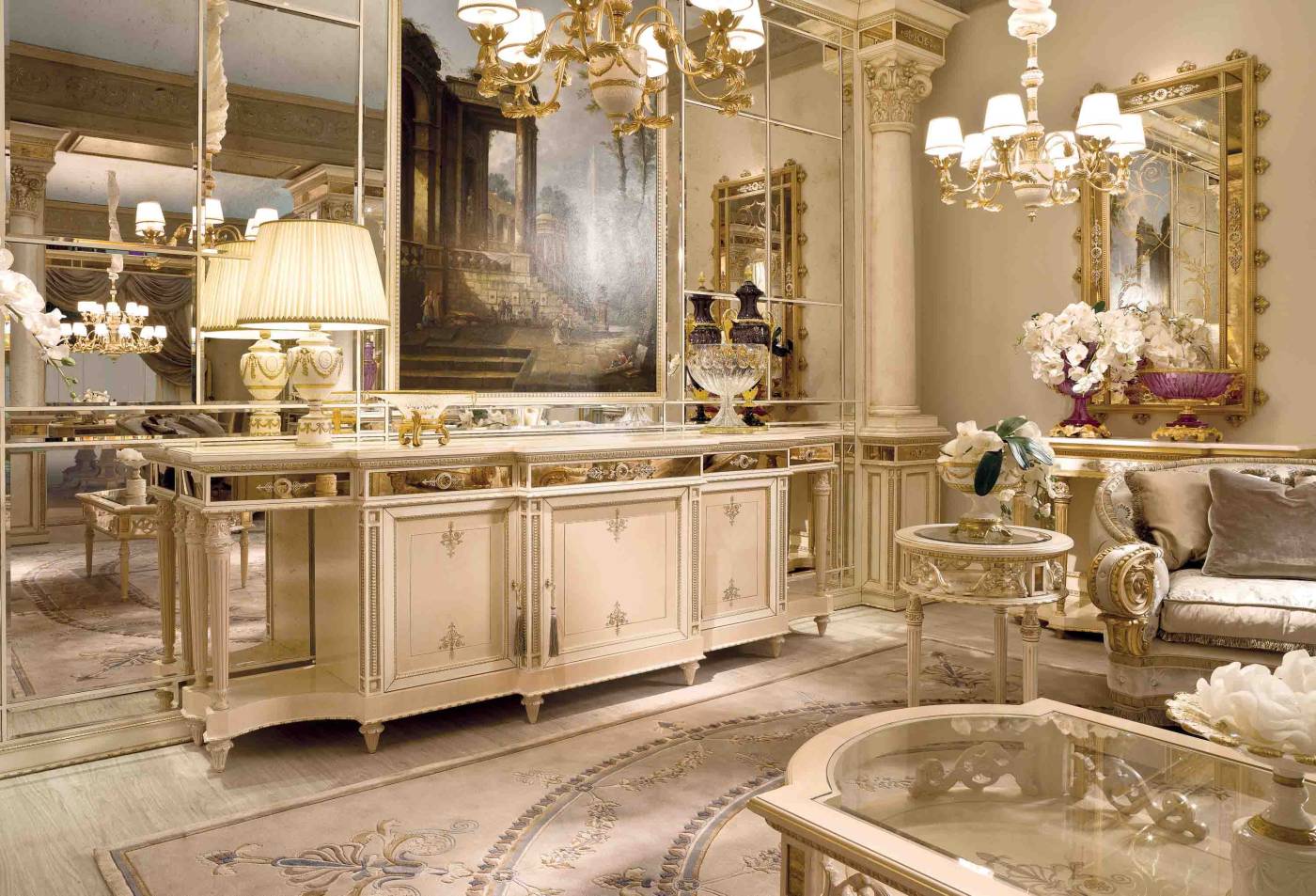 BelCor GD0135NX 01 T 01 sideboard Granducale dining room inserts antiqued bronzed mirror sophisticated decorations interior design