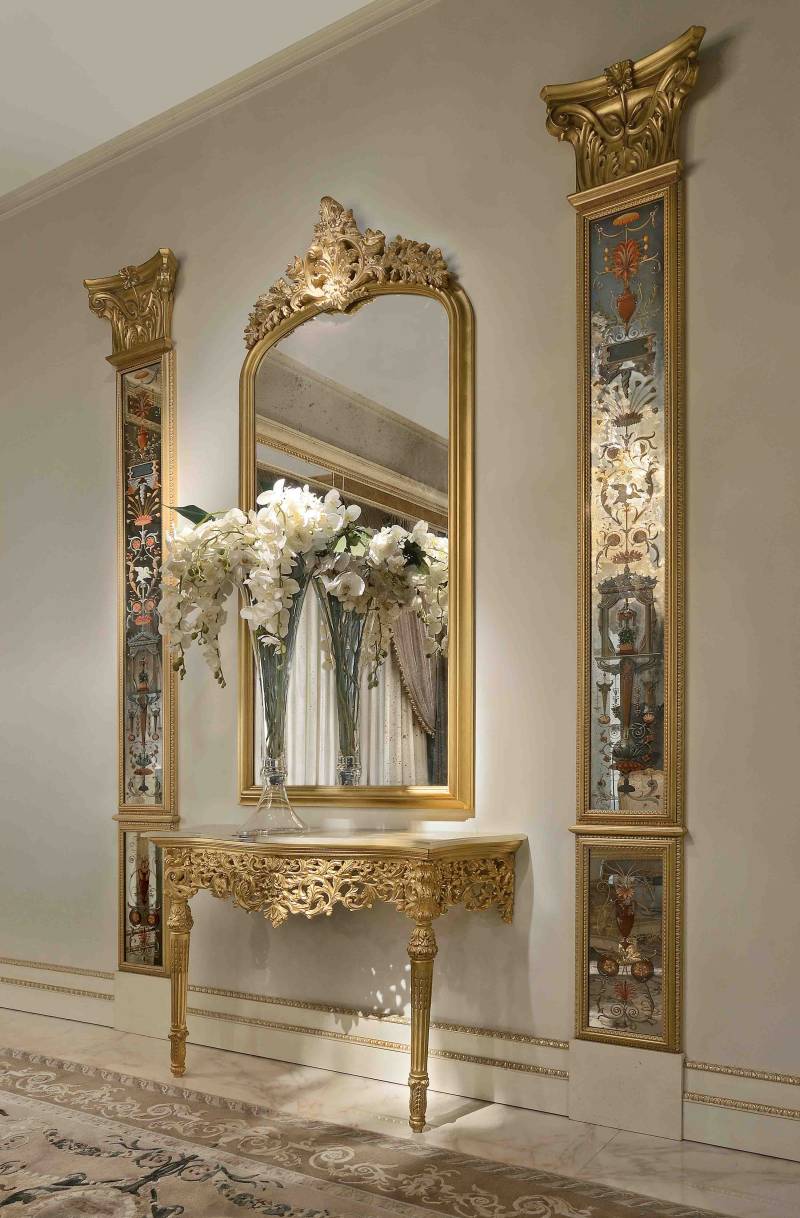 BelCor AR0693LX 01 T 01 mirror Ares dining room Meraviglia antiqued mirror gold carving console exclusive carved limewood wall mirror